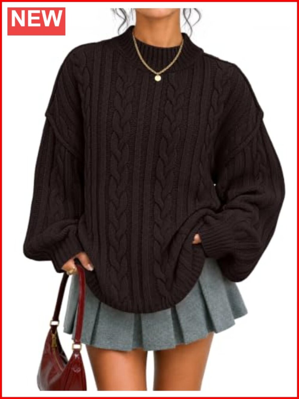 Oversized Cable Knit Sweater Mock Neck Drop Shoulder Puff Sleeve